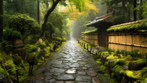 Moss-kissed stone path into a misty Japanese garden hush.