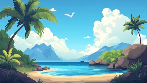 Tropical Beach Paradise With Mountains and Palm Trees.