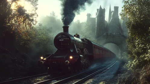 Steam locomotive crossing misty forest approach to castle