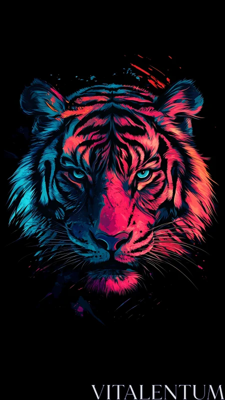 Neon-drenched tiger portrait blazes against deep black void
