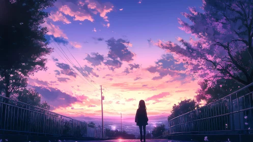 Solitary figure on hilltop path under vivid sunset sky.