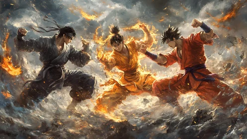 Triangular duel of martial fighters amid swirling firestorm.