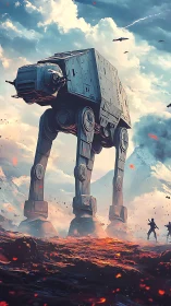 Colossal four-legged war machine over fiery battlefield.