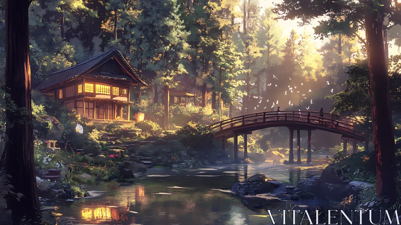 Sunlit Japanese forest house over tranquil arched river bridge.