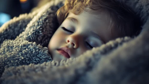 Peaceful child resting against soft textured fabric.