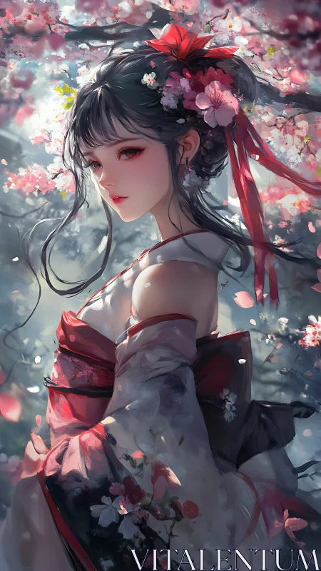 Cherry blossom maiden in layered kimono under diffused bokeh light