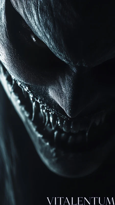 Sinister close-up of monstrous face with sharp teeth.