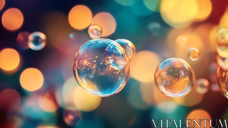 Translucent soap bubbles with bokeh spheres and chromatic reflections