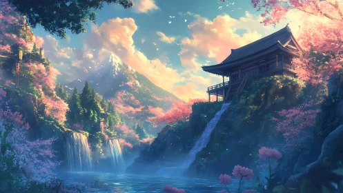 Mountain temple above twin waterfalls at cherry blossom dusk.