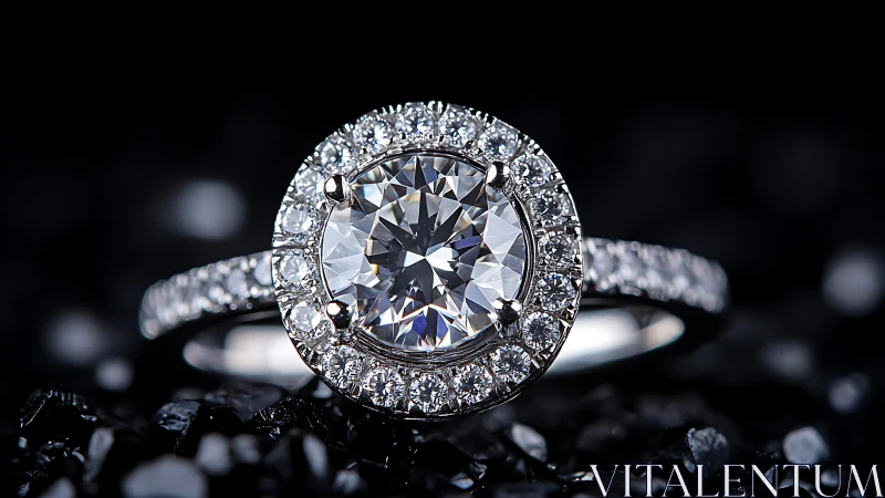 Halo-set diamond engagement ring with high-contrast bokeh.