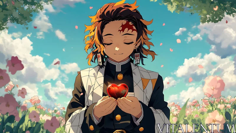 Anime swordsman holds glowing red heart in flower field