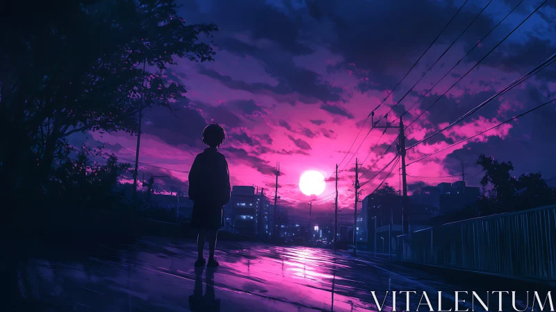 Solitary child watches neon twilight wash over the city street