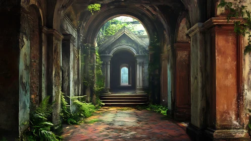 Sunlit overgrown arcade reveals a receding neoclassical corridor
