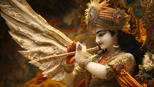 Photorealistic Krishna deity sculpture with jeweled flute focus.