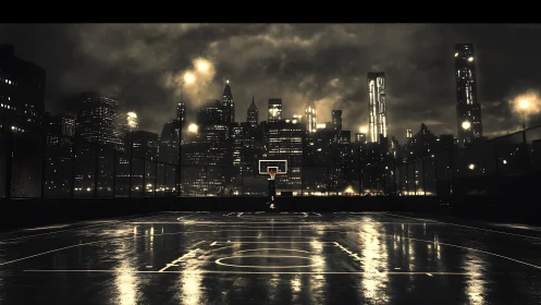 City night basketball court glowing under rainy skyline.