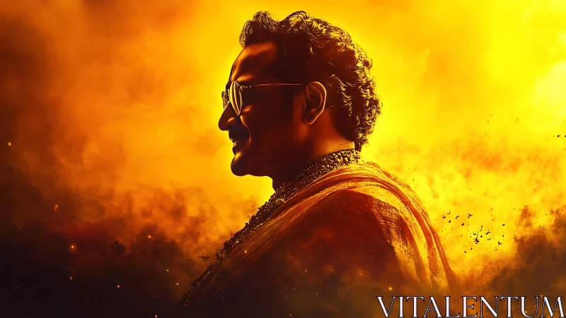 Man in side profile stands against intense yellow smoke