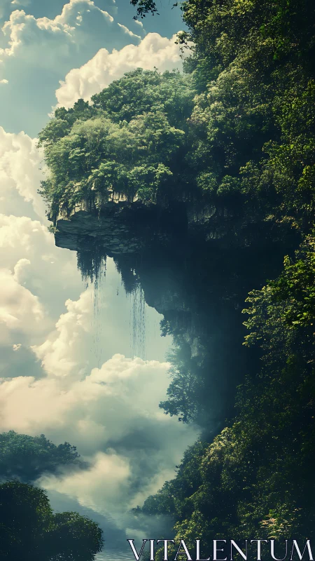 Floating forest cliff drifts calmly above misty cloud sea