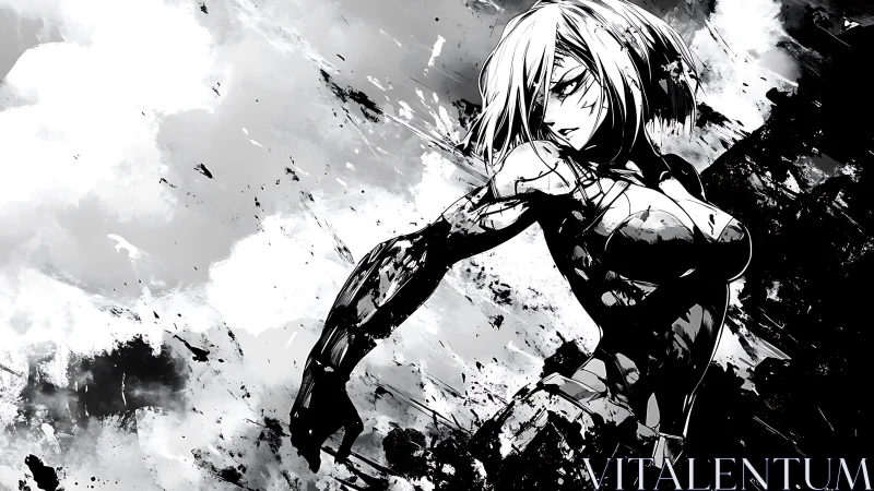 Monochrome anime figure emerges from abstract ink field