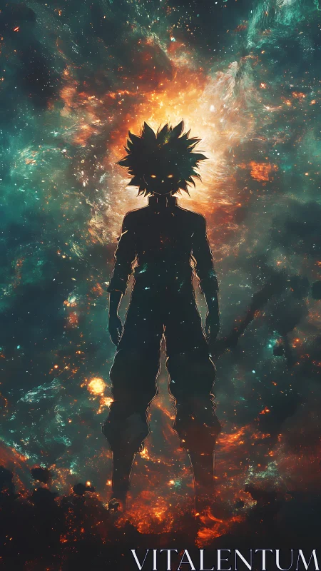 Cosmic anime warrior silhouette stands within erupting nebula