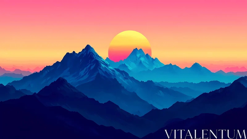 Radiant sun sets behind stylized neon blue mountain peaks