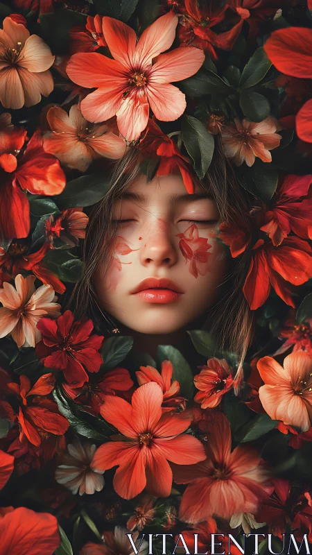 Chromatic floral immersion encasing a serene juvenile visage.