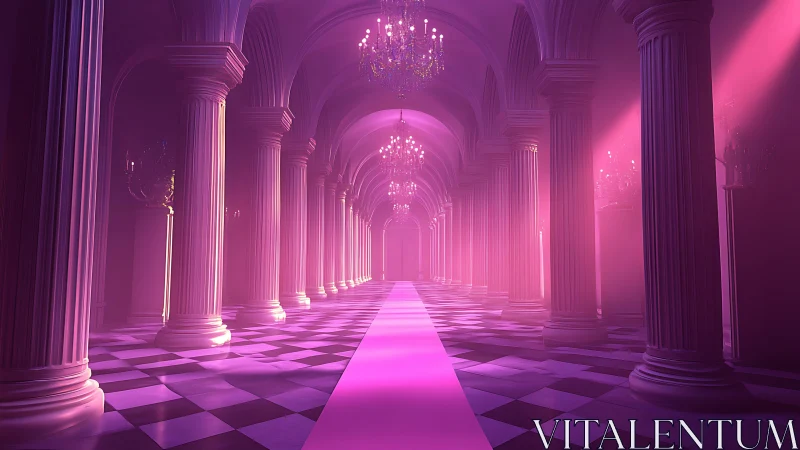 Neon-lit palace corridor glows with surreal magenta light.