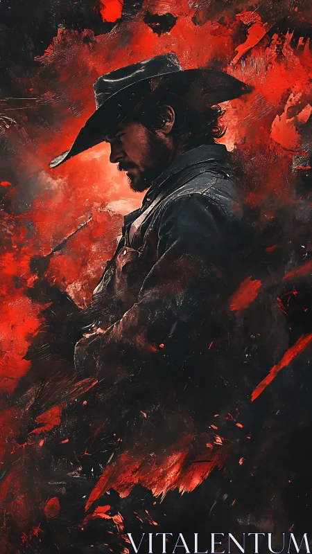 Side-profile cowboy in dark coat within red abstract field.