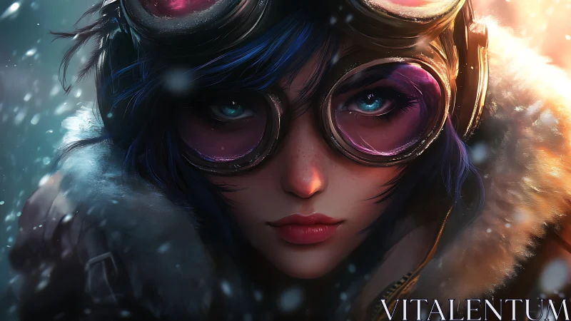 Portrait shows pilot goggles, fur collar and falling snow