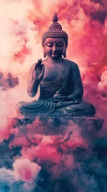 Digital painting of meditative Buddha amid prismatic clouds.