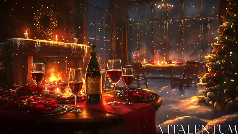 Cozy Christmas cabin glows with festive candlelit dinner.