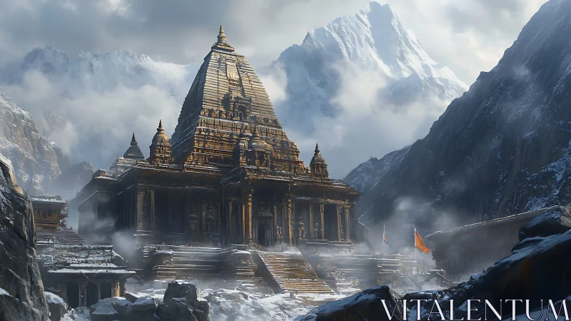 Snowbound golden temple complex amid dramatic alpine peaks.