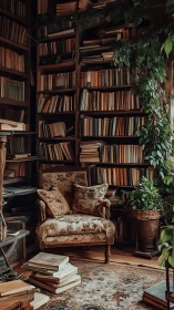 Vintage reading nook in lush book-lined library corner.