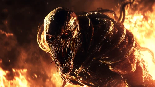Molten demonic creature emerges from intense surrounding flames