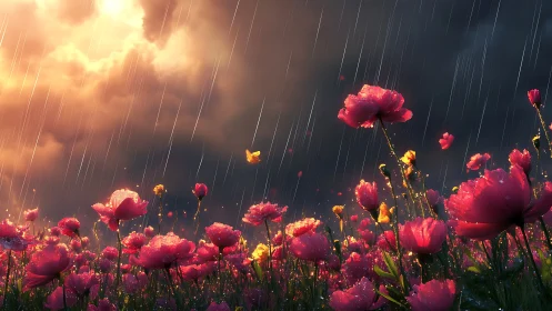 Stormlit poppy garden glows beneath a rain of molten gold.