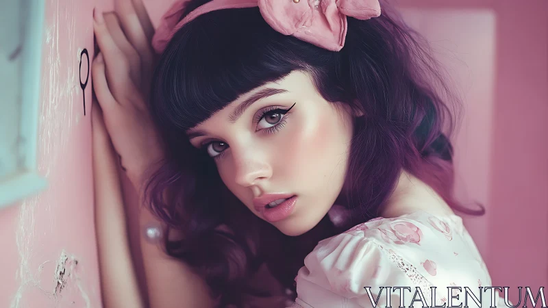 Soft focus daydream girl in cotton-candy pink corners.