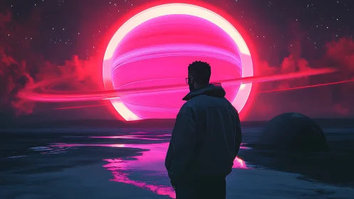 Solitary figure observes luminous ringed planet at shoreline