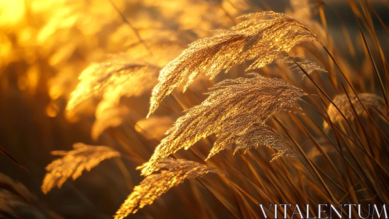 Backlit pampas grass blades glow in warm golden hour light
