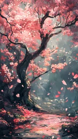 Twisting cherry blossom tree rises above reflective forest pool