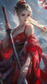 Female swordswoman in red kimono before mountainous backdrop.