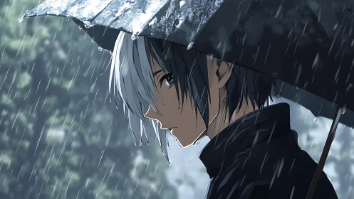 Melancholic anime boy under rain-soaked umbrella in profile