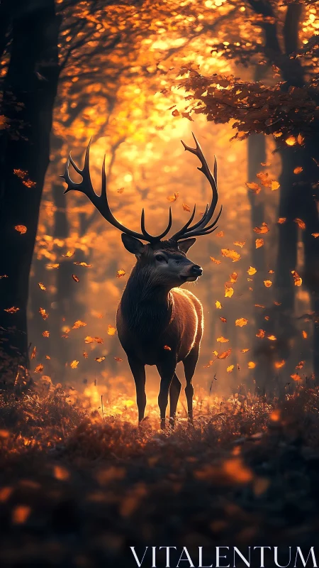 Stag stands in sunlit autumn forest with drifting leaves