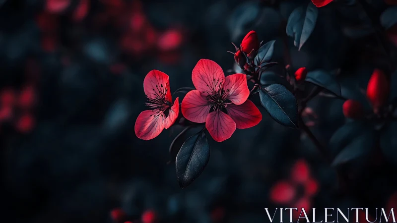 Crimson Blossoms Glow in Moody Darkness