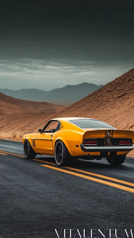 Yellow muscle car powers through empty desert highway