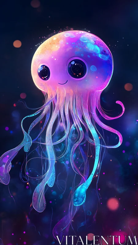 Cute neon jellyfish character in glowing deep sea scene.