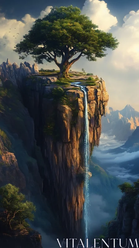 Solitary tree on high cliff with vertical waterfall flow.