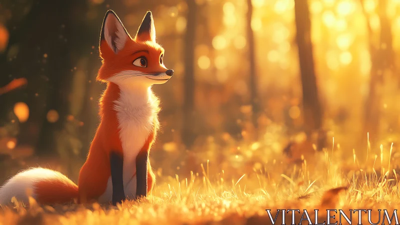 Autumn backlit stylized fox in shallow depth woodland scene