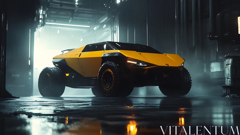 Futuristic yellow offroad supercar dominates neon wet hangar