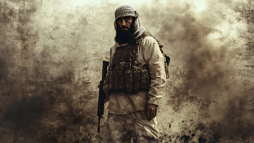 Armed man in tactical gear against dusty textured backdrop.