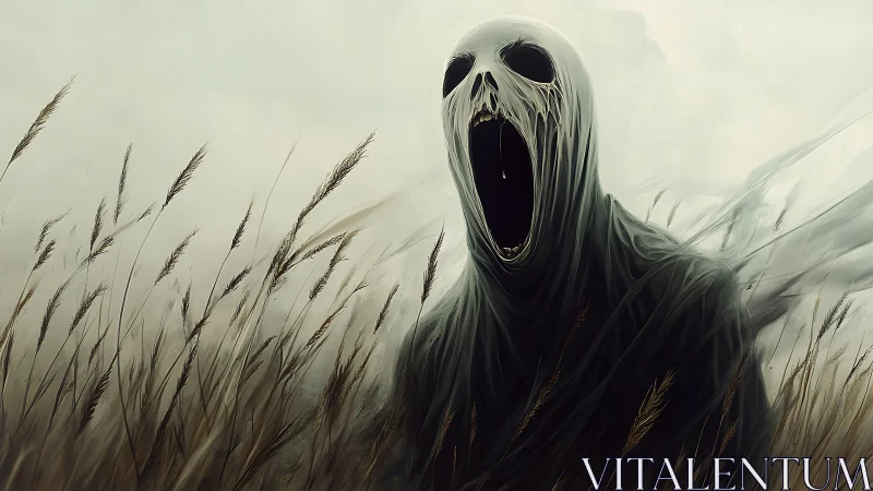 Digital painting of spectral wraith in desolate grassland field.
