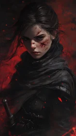 Battle-scarred rogue stands amid burning crimson embers.